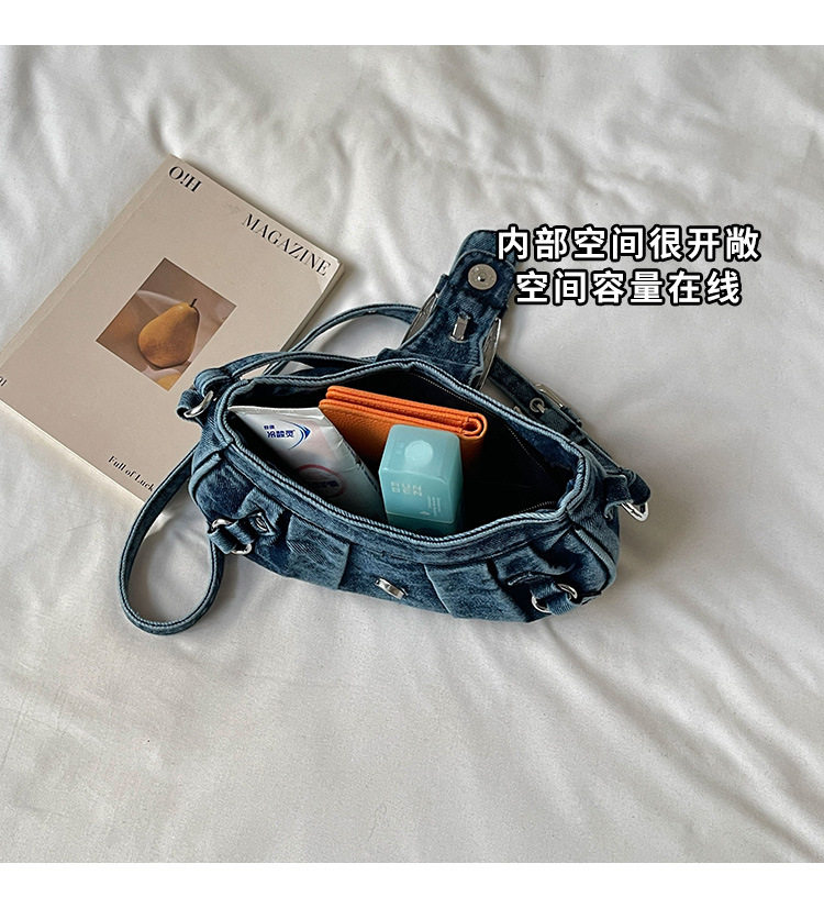 Túi đeo chéo nữ dáng hộp nhỏ kẹp nách vải denim xếp nếp phong cách Hàn Quốc — Cao bồi xanh, Màu xanh cổ điển, đen chi tiết 9