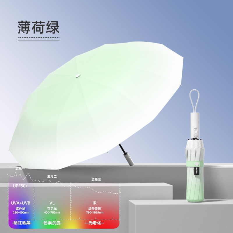 全自動晴雨兼用傘、高価値グラデーションUVビニール日焼け止め、ワンクリック開閉ダブルサンシェード傘|undefined