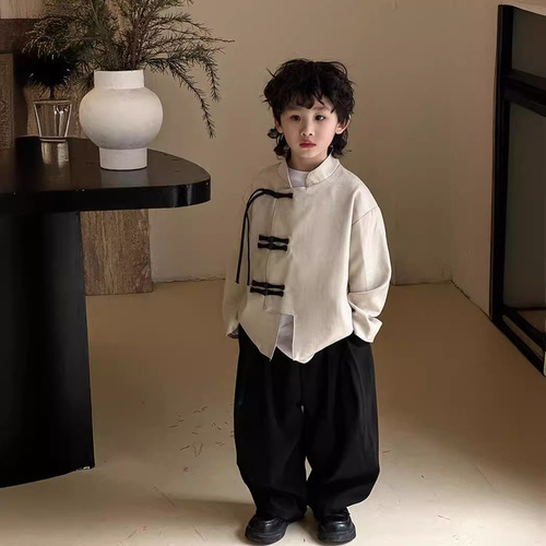 Chinese-style children's clothing sets, Chinese-style Hanfu and Tang-style clothes, 2024 spring and autumn new items, stand-up collar top and pants, one piece for drop shipping, trendy