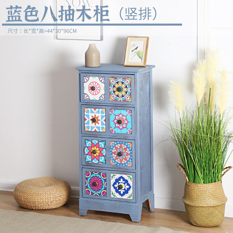 Mesita de noche americana, armario de almacenamiento creativo pastoral retro, armario de almacenamiento de madera, armario de almacenamiento de estilo étnico pintado