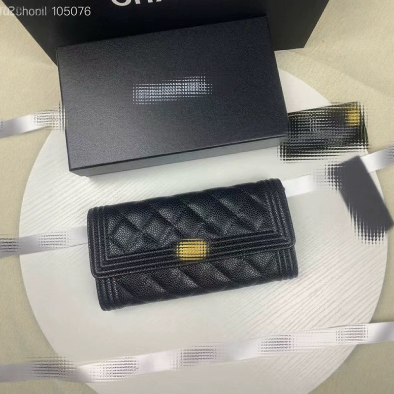 New Caviar Sheepskin Pattern Diamond Cross-border Cowhide Long Fragrant Genuine Leather Wallet Two-fold Wallet Women's Wallet