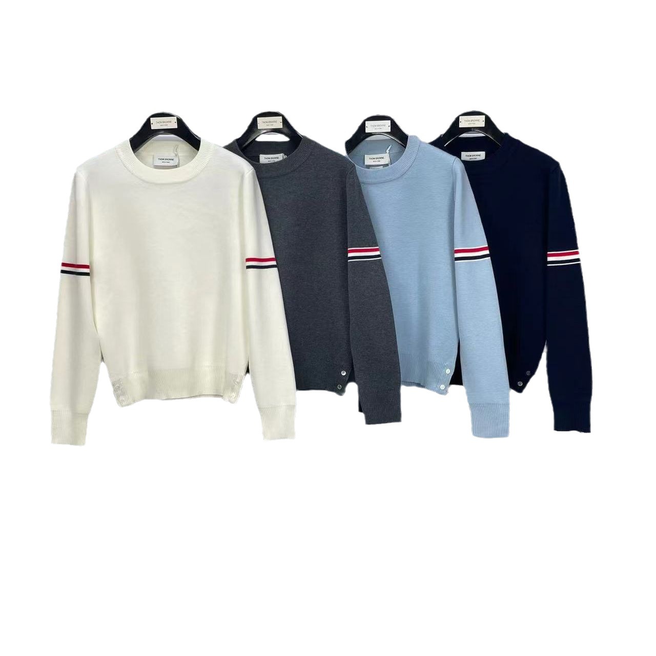 (2개) 공장 직접 가을과 겨울 새로운 TB 울 크루 넥 더블 소매 컬러 스트립 남성과 여성의 스웨터 풀오버가 두껍게