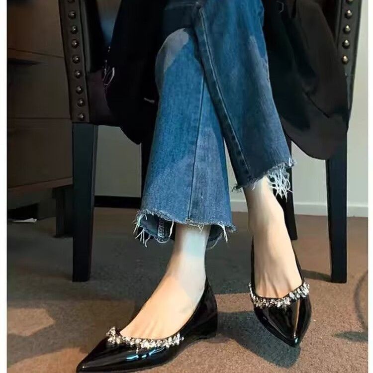 法式气质尖头内增高4.5cm新款高跟鞋浅口真羊皮单鞋水钻百搭女鞋