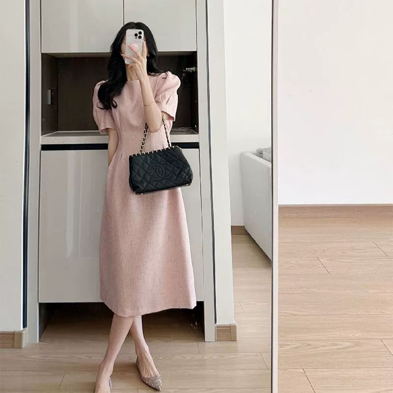 Милое и нежное розовое платье с пышными рукавами для женщин, лето 2025, новая длинная юбка с круглым вырезом для похудения талии