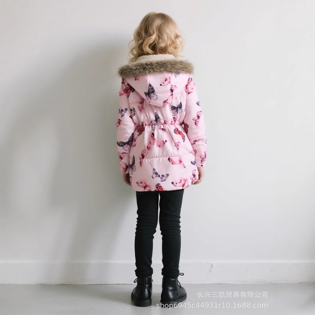 Otoño e Invierno nueva ropa para niños y niñas multicolor impreso cuello de piel largo con capucha abrigo de algodón acolchado