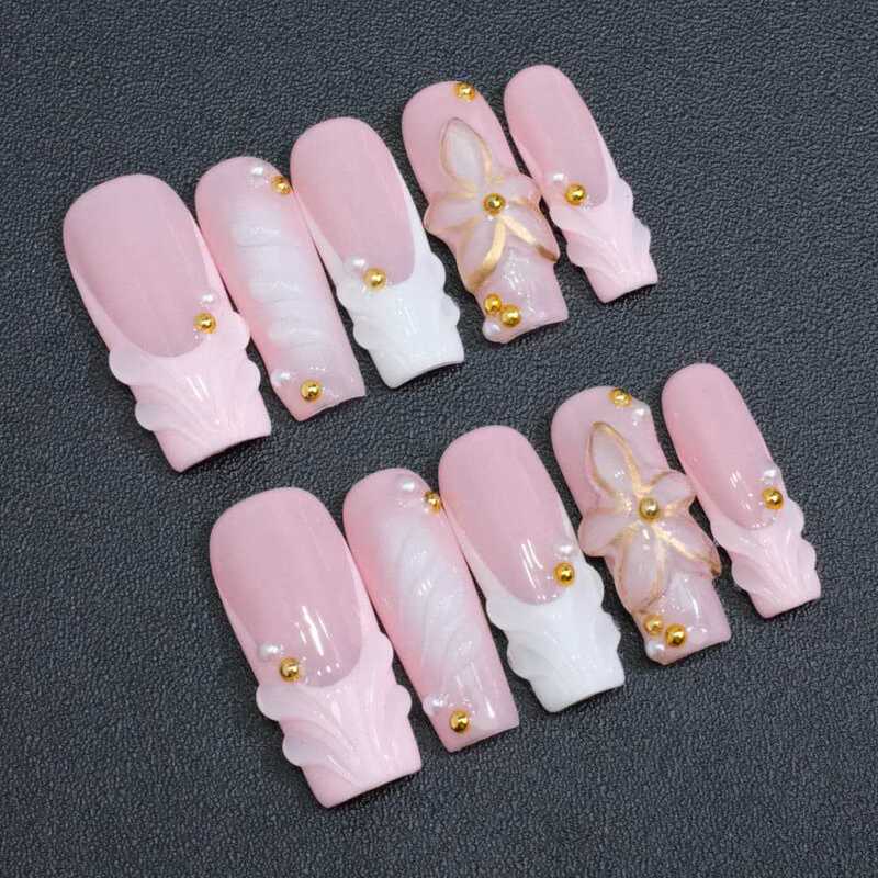 Purely Handmade European and American Cross-Border Wearable Nail Powder White Gradient Stereo Flower Shell Pearl Gold Luxury Fake Nails Purely Handmade European and American Cross-Border Wearable Nail Powder White Gradient Stereo Flower Shell Pearl Gold Luxury Fake Nails
