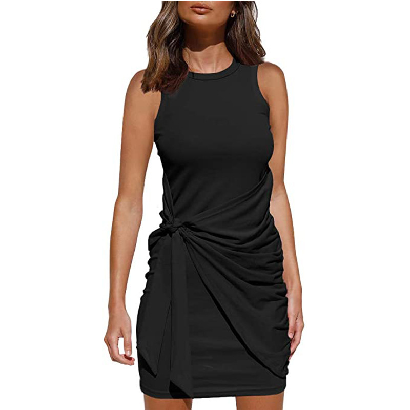 Sleeveless Round Neck Ruffled Dress Bow Tie Waist Asymmetrical Hem Elegant Style Perfect for Parties and Events