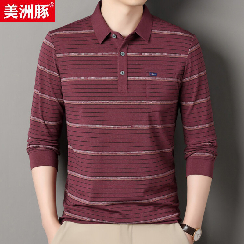 Classic Striped Real Pocket Short-sleeved T-shirt Men's Dad's Lassel Autumn Middle-aged Backing POLO Shirt with Pocket