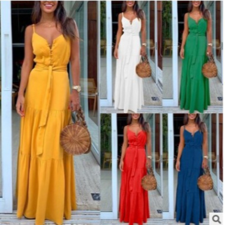 2026 Summer New European and American Women's Fashion Personalized Buttoned V-Neck Patchwork Suspender Dress 2026 Summer New European and American Women's Fashion Personalized Buttoned V-Neck Patchwork Suspender Dress