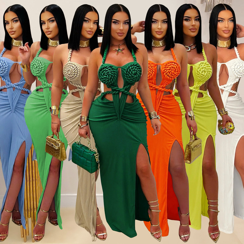 C7407 Cross-Border Aliexpress Amazon European and American Fashion Women's Sexy Knitted Halterneck Backless Pure Color Dress