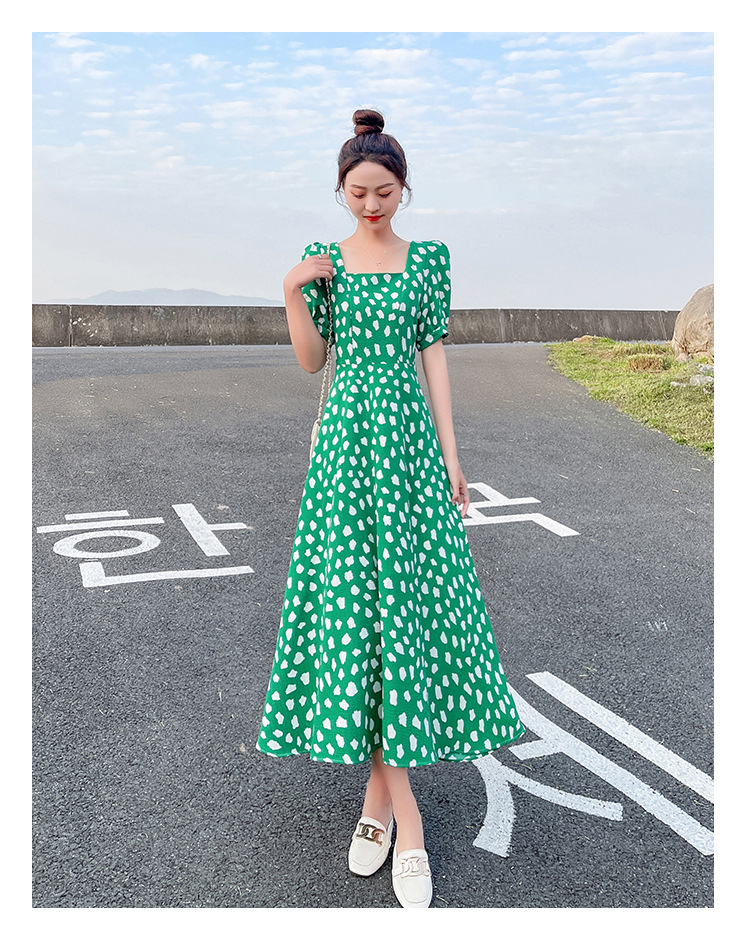 Sexy Short-sleeved Korean Hepburn-style Elegant Dress, A-line Chiffon, Pure And Alluring, Plus-size, Green Floral_ecoleips.com