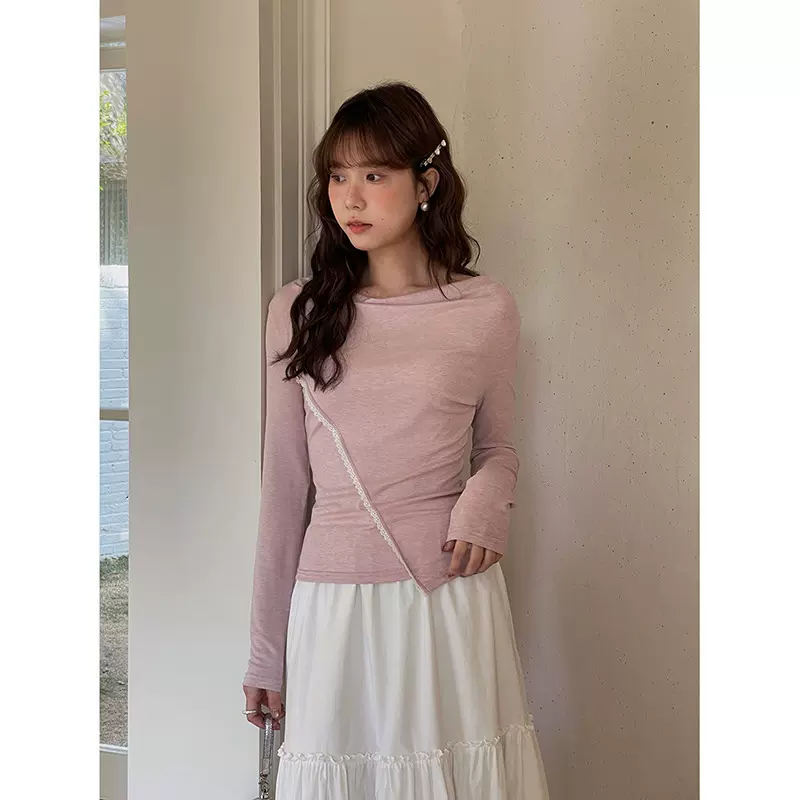 【茉莉旁白】歌铭设计感不规则荡领T恤女秋季新款长袖上衣Y2761F