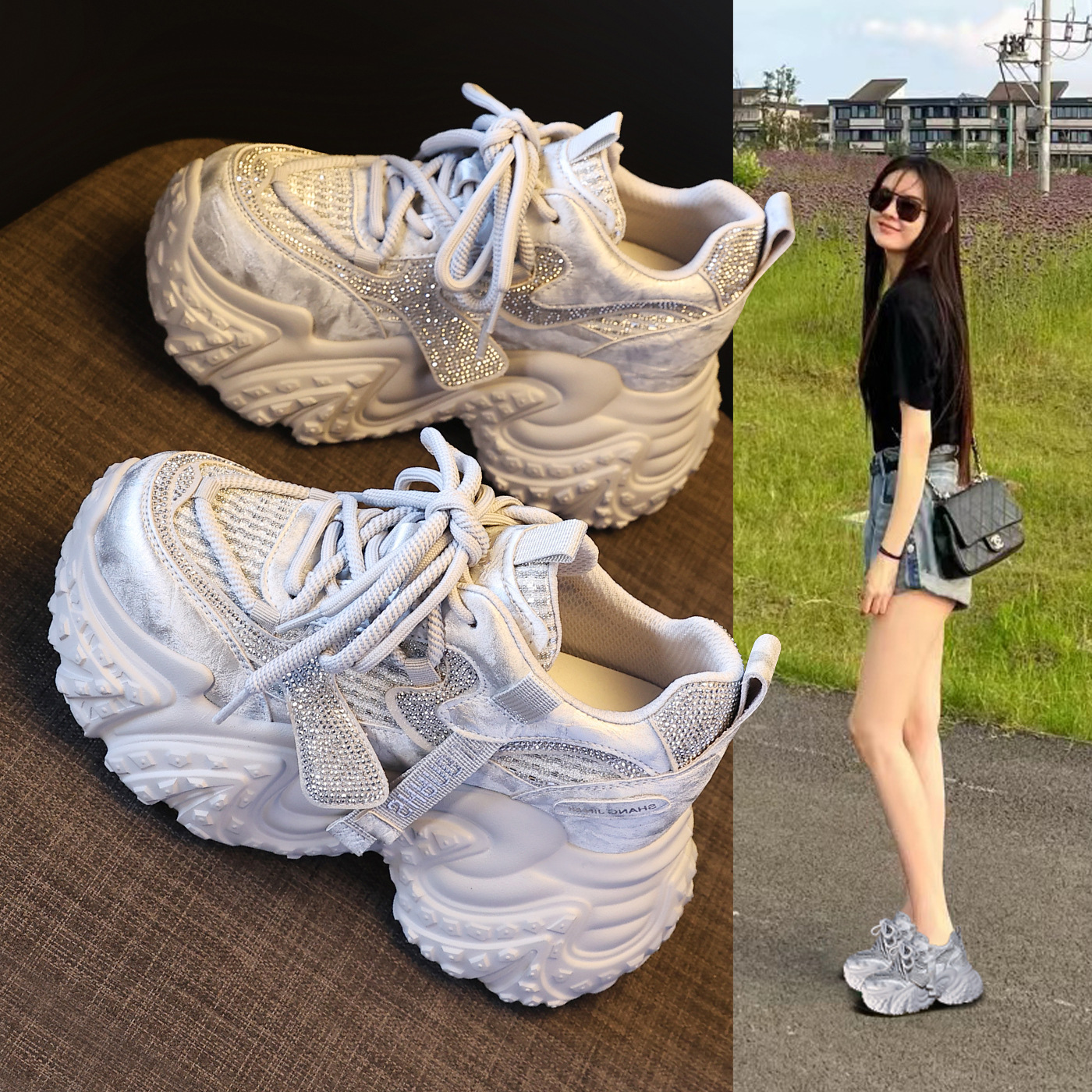 Giày sneaker nữ đế dày tăng chiều cao, lưới thoáng khí, phong cách thể thao — màu hồng