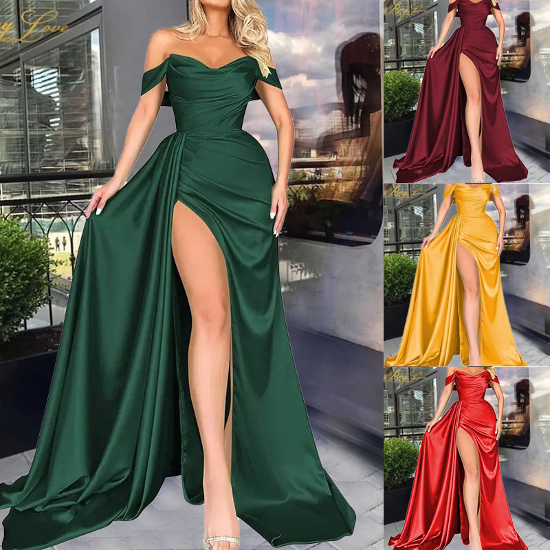 Vestido de Noche Elegante para Fiesta, Diseño Sexy con Abertura Alta, Un Hombro Descubierto, Estilo Delgado, para Eventos Internacionales y Comercio Exterior, Venta Directa 2025