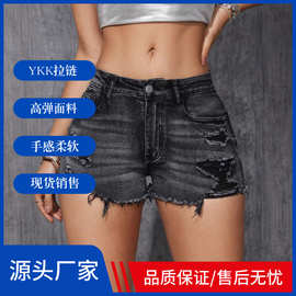 新款现货直供跨境亚马逊电商高弹破洞割烂黑色高腰女装牛仔短裤