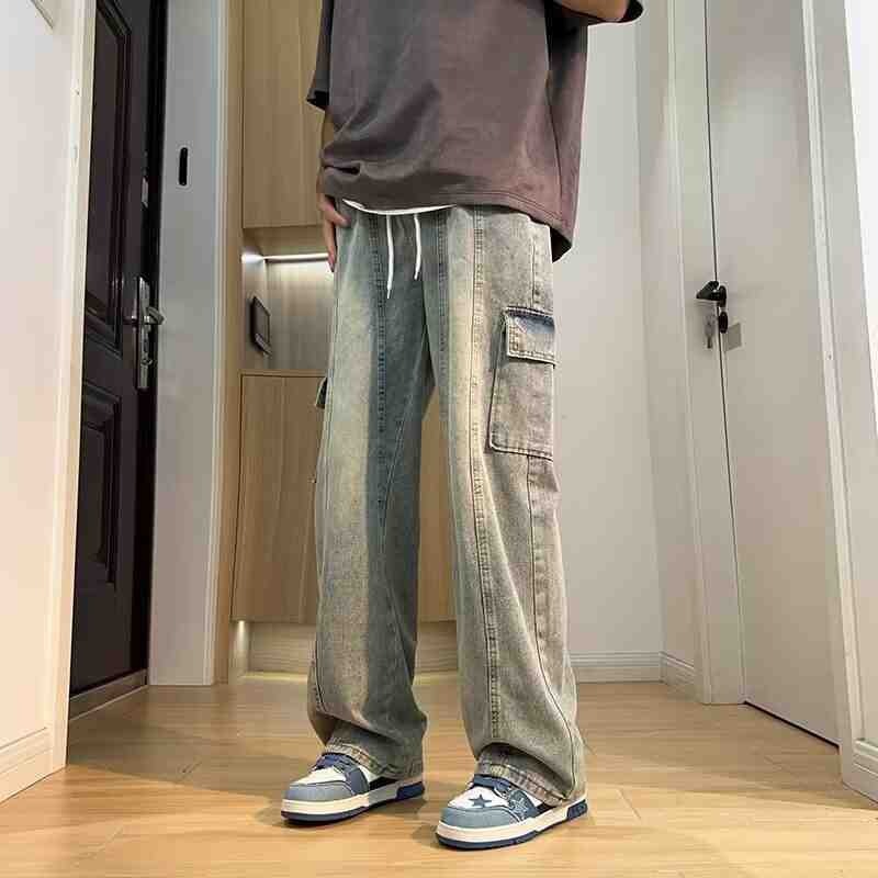 Jeans cargo con coulisse, stile retrò, alla moda, tinti di fango, gialli, per uomo e donna, pantaloni larghi, casual e a gamba dritta_voghion.com
