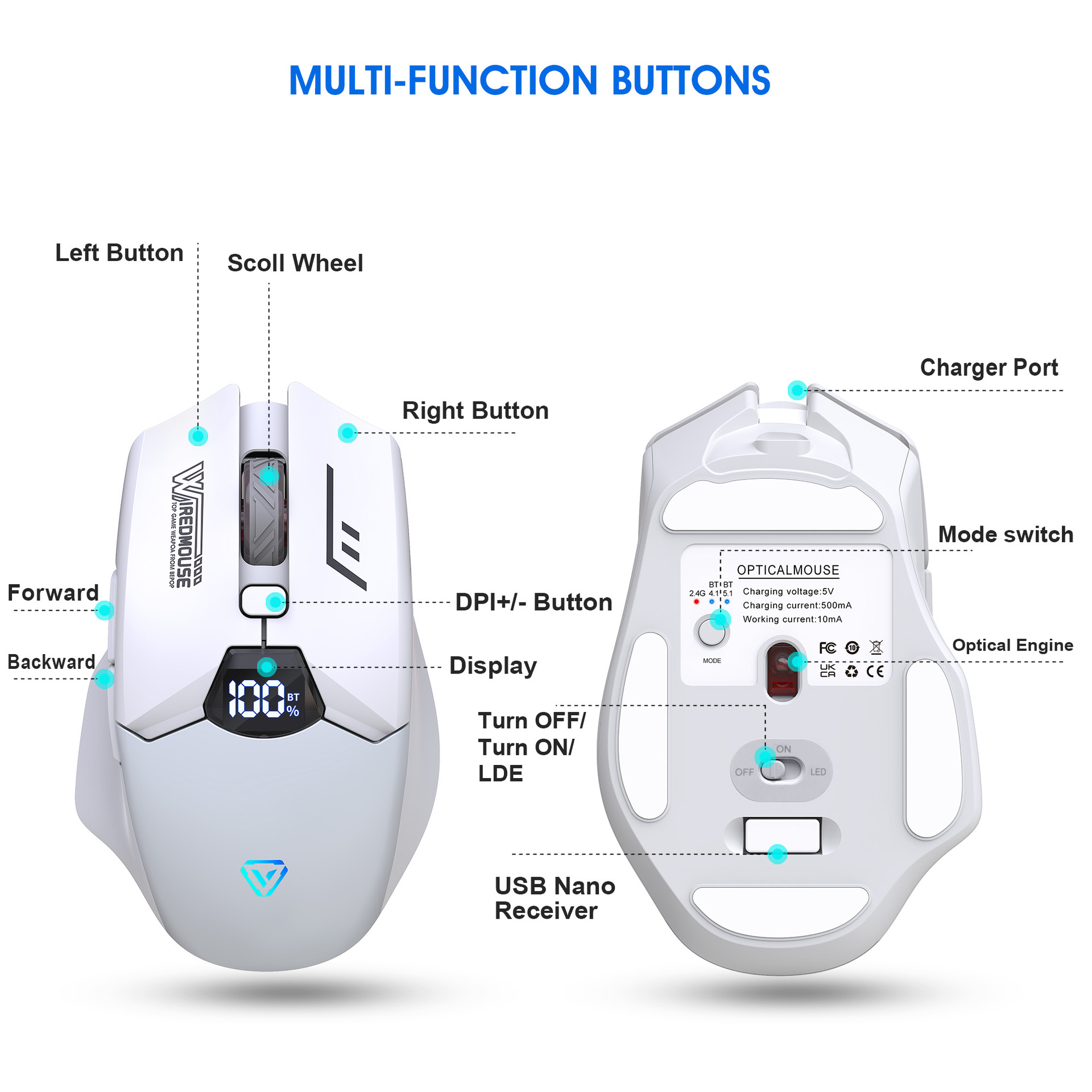 Wireless Bluetooth Dual-Mode-Maus mit Ladefunktion, leise, Gaming, intelligente Bildschirmanzeige, Computer-Monitor-Maus für grenzüberschreitenden Handel