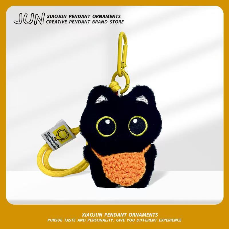 Caricatura super lindo pequeño gato negro personalidad lindo muñeca de peluche tejido a mano colgante regalo para un buen amigo