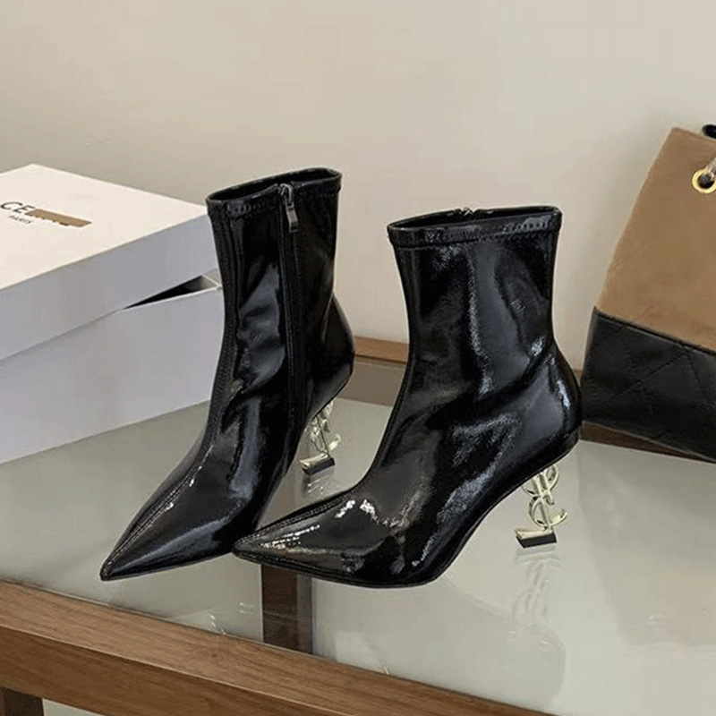 2025 New Autumn and Winter Pointed Metal Letter High-Heeled Short Boots, Feminine and Versatile Patent Leather Black Suede Slim Boots