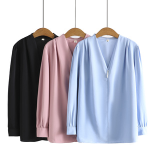 Plus size women's clothing 2022 spring new pure color chiffon shirt slimming V-neck pearl buckle temperament long-sleeved shirt YX801