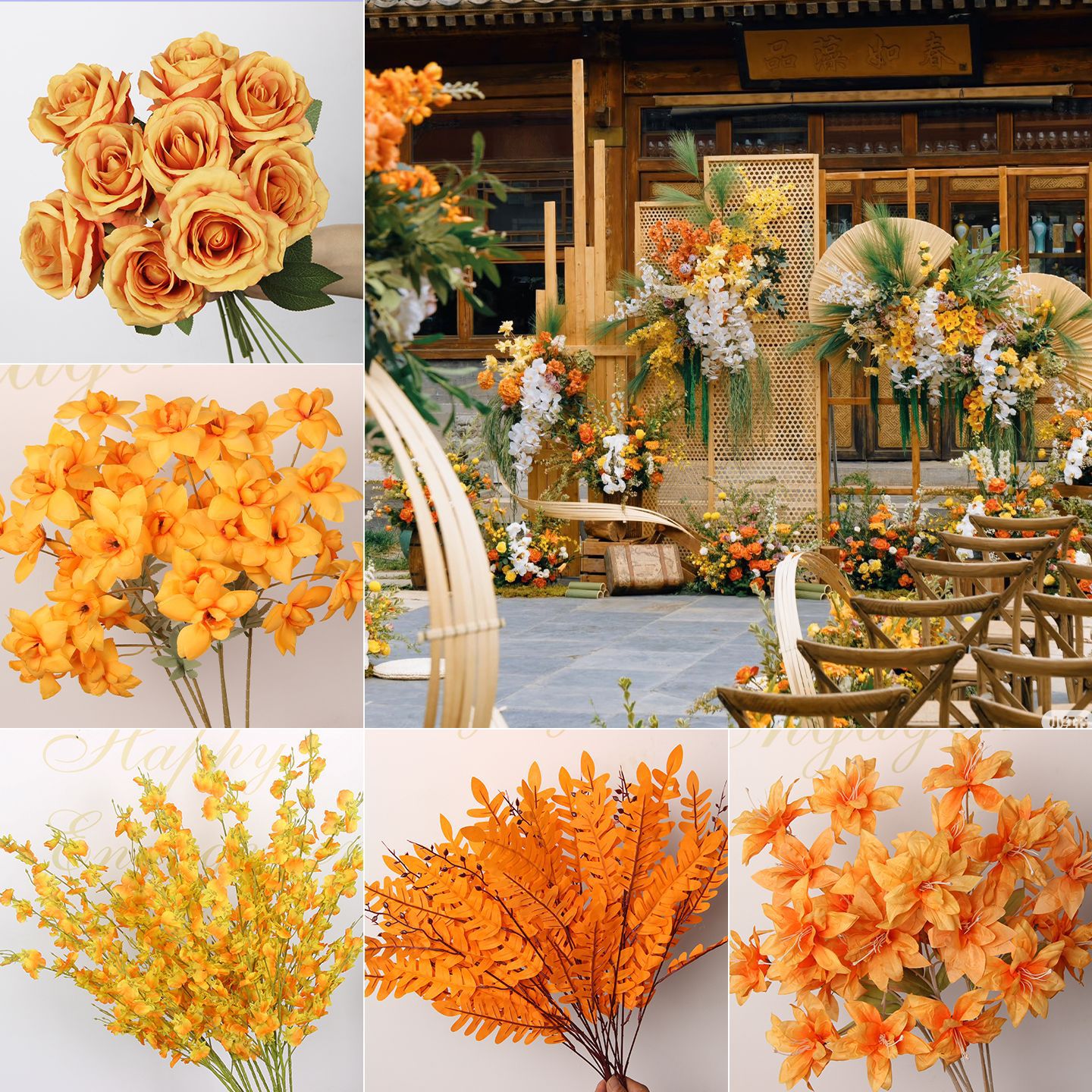 Flores de imitación naranja peonía naranja hortenida neblina orquídea flor flor de boda seda naranja