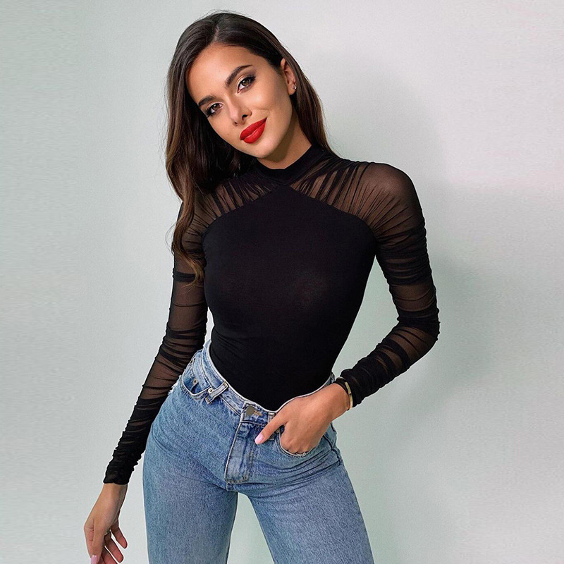 INS estilo europeo y americano 2022 primavera y verano nuevas mujeres cuello redondo moda malla costura manga larga mono de color sólido Delgado