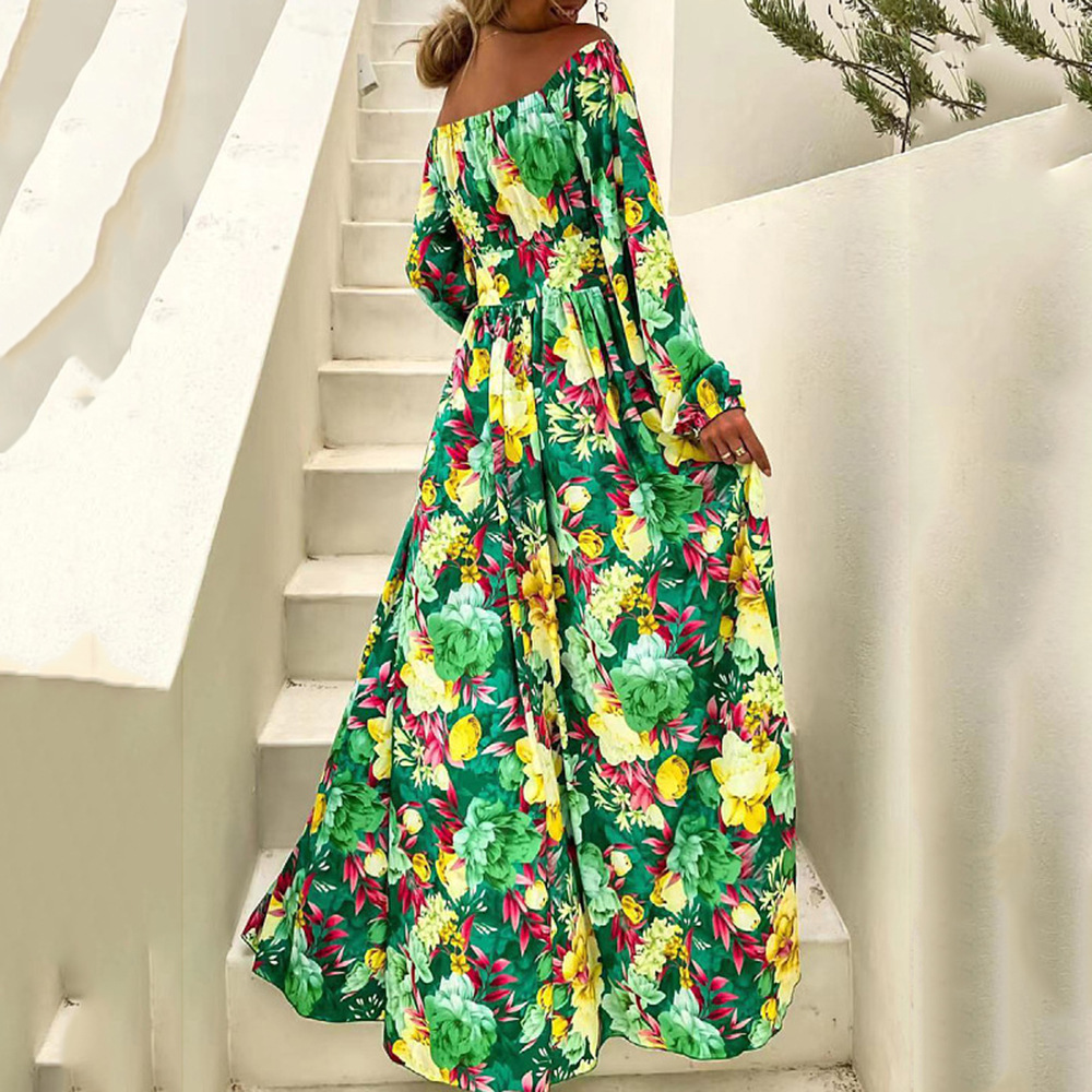 Vestido veraniego europeo y americano estilo bohemio de vacaciones 2025, con hombros descubiertos, acampanado, sexy y estampado. image 8