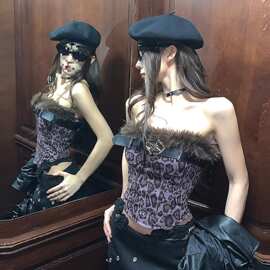 亚文化千禧风暗黑豹纹一字肩抹胸上衣女毛毛领皮带修身显瘦内搭潮