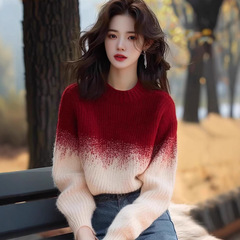 安可拉红杏色渐变圆领毛衣女2025春秋冬新款针织衫独特超好看上衣