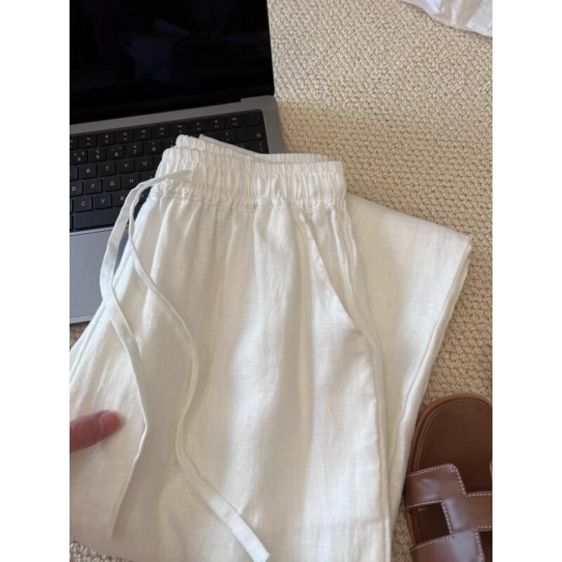 Unique White Shirt Set for Women, New Summer Style, Loose and Casual Cotton-Linen Shirt with Wide-Leg Pants, Two-Piece Set with Exposed Shoulders