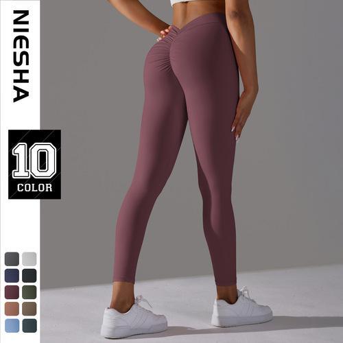 Cross-border naked skin-friendly butt-lifting yoga pants without embarrassing lines leggings high-waist elastic fitness sports nine-point pants for women