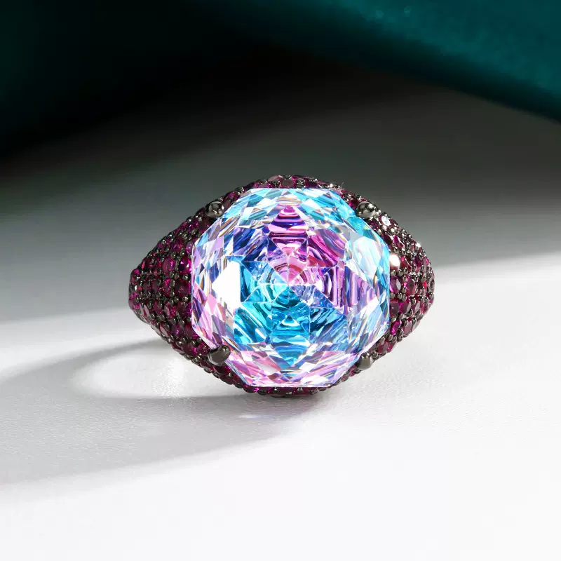 庄生生珠宝铜底镀金仿真玫瑰切渐变色黑金个性戒指主石14mm批发