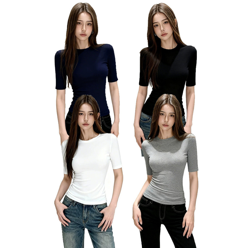 European and American Foreign Trade Cross-Border Black Regular Shoulder Round Neck Short Sleeve T-Shirt for Women, Summer Slim Fit Mid-Sleeve Versatile Top European and American Foreign Trade Cross-Border Black Regular Shoulder Round Neck Short Sleeve T-Shirt for Women, Summer Slim Fit Mid-Sleeve Versatile Top