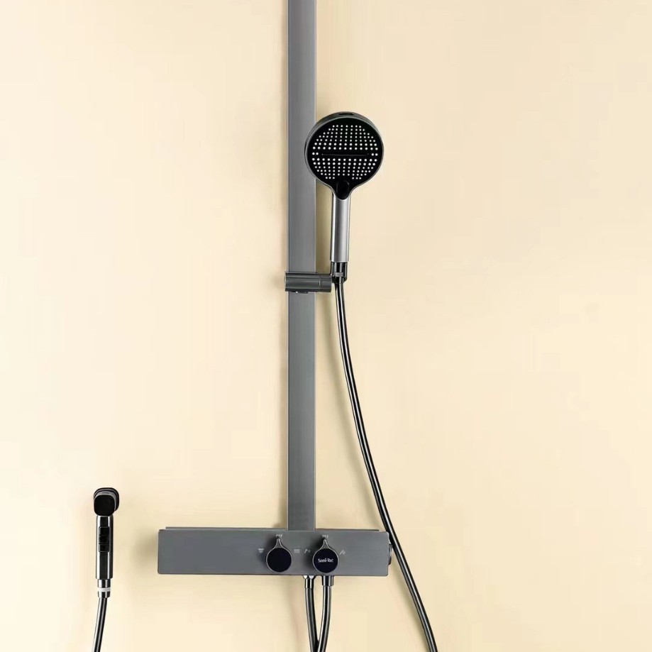 Pistola gris inteligente ducha de temperatura constante estante de almacenamiento grande traje de ducha baño abierto-montado sobrealimentado boquilla de pantalla gigante