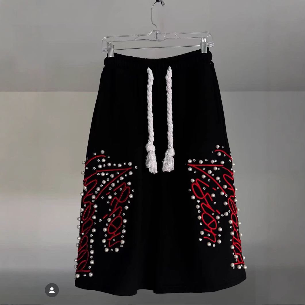 Pantalones cortos transfronterizos europeos y americanos, artesanía pesada de calle alta, bordados con cuentas, pantalones cortos casuales sueltos de moda, estilos calientes para hombres y mujeres