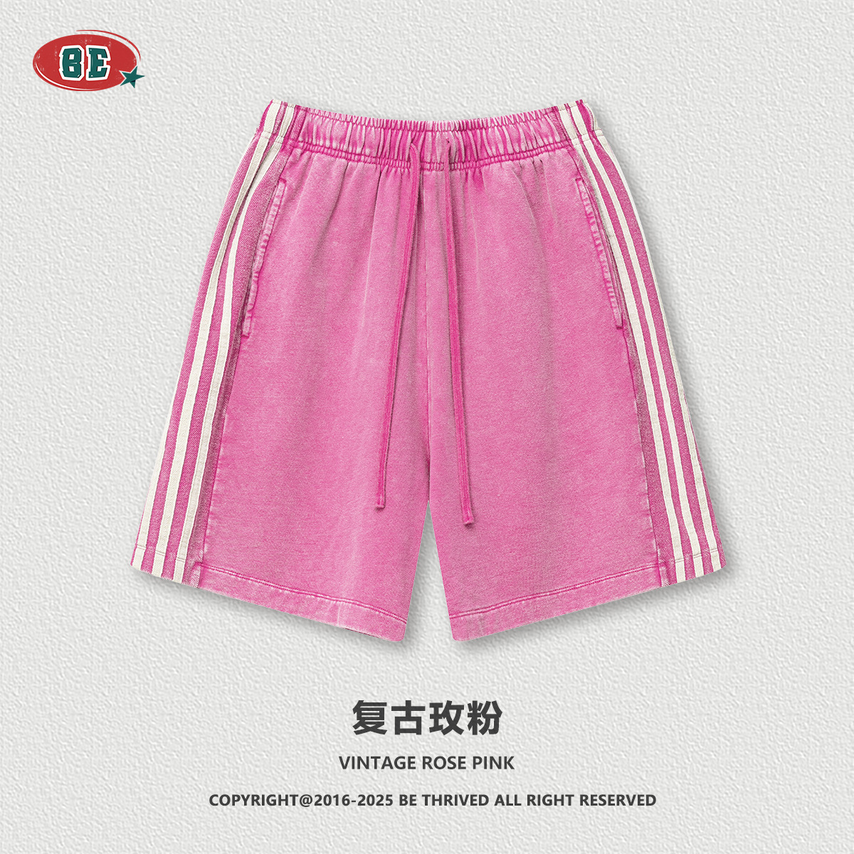 BE Men's Wear 2025 Summer Europa y Estados Unidos marca de moda lavado pantalones cortos casuales sueltos laterales de tres barras de gran tamaño pantalones de cinco puntos hombres