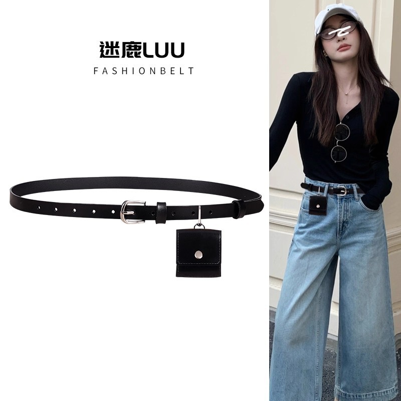 Genuine Leather Belt Women's Mini Waist Bag with Jeans Y2K Retro Belt Headphone Bag Decorative Skirt Korean Accessories