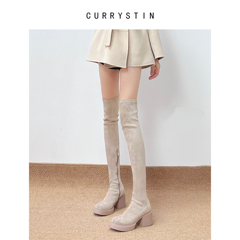 2025 Autumn/Winter New White Platform Boots for Petite Women, 2023 New Autumn/Winter Light-Colored High-Heeled Over-The-Knee Boots