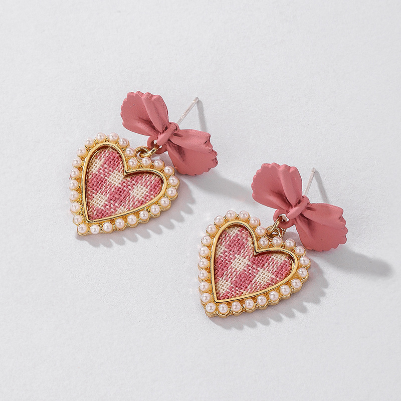 925 Silver Needle Vintage Pearl Fabric Love Heart Bow Tie Earrings European And American Ins Simple Autumn And Winter Check Graceful Earrings display picture 6