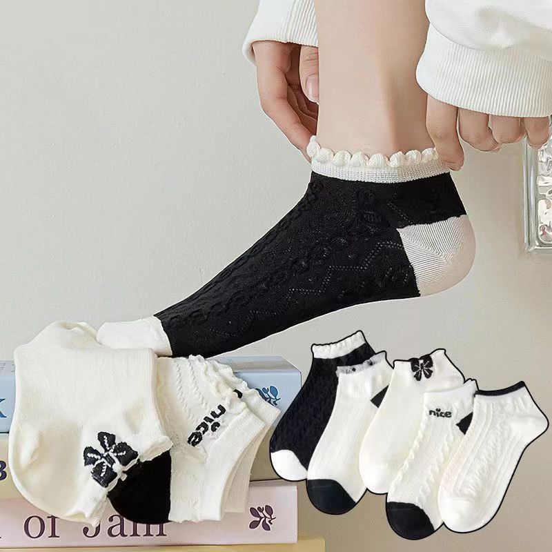 5 pares de calcetines para el cabello, transpirables y absorbentes de sudor para mujer, calcetines delgados con letras de dibujos animados, calcetines con lazo, malla de verano