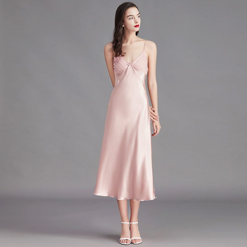 Camisón de seda Wenhua para mujer, camisón sexy de verano de alta gama, estilo europeo y americano, vestido largo con lazo CQ311.