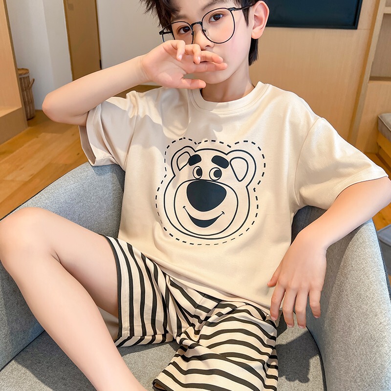 Children's Pajamas Boys Summer Short-sleeved Shorts Thin Cartoon Medium-sized Big Kids Summer Boys' Home Clothes for Outer Wearing