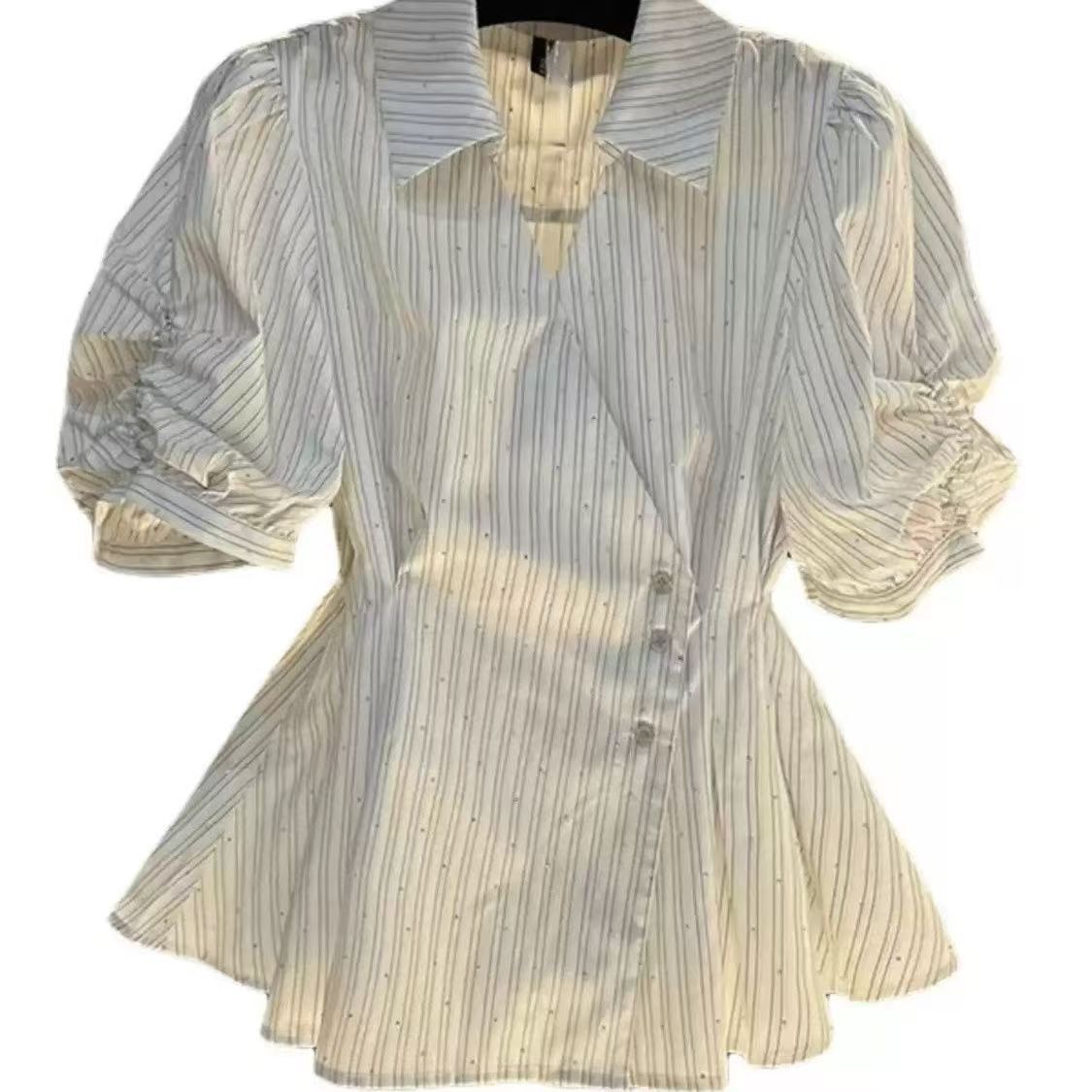 Women's Clothing Polo Collar Striped Short Sleeved Shirt For Women Summer Waist Slimming Fashion Temperament Skirt Tops For Women_ecoleips.com