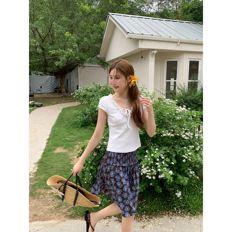 Ruffled Edge Tie V-Neck Short-Sleeve T-Shirt for Women, Summer Relaxed Style Top, Korean-Style Slightly Loose Blouse