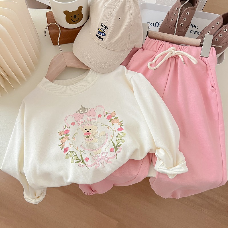 女童卫衣2023春季新款韩版童装儿童洋气休闲时尚白色卡通上衣套装