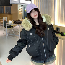 美式复古座山雕大毛领棉服女冬季派克服宽松加厚短款工装情侣外套