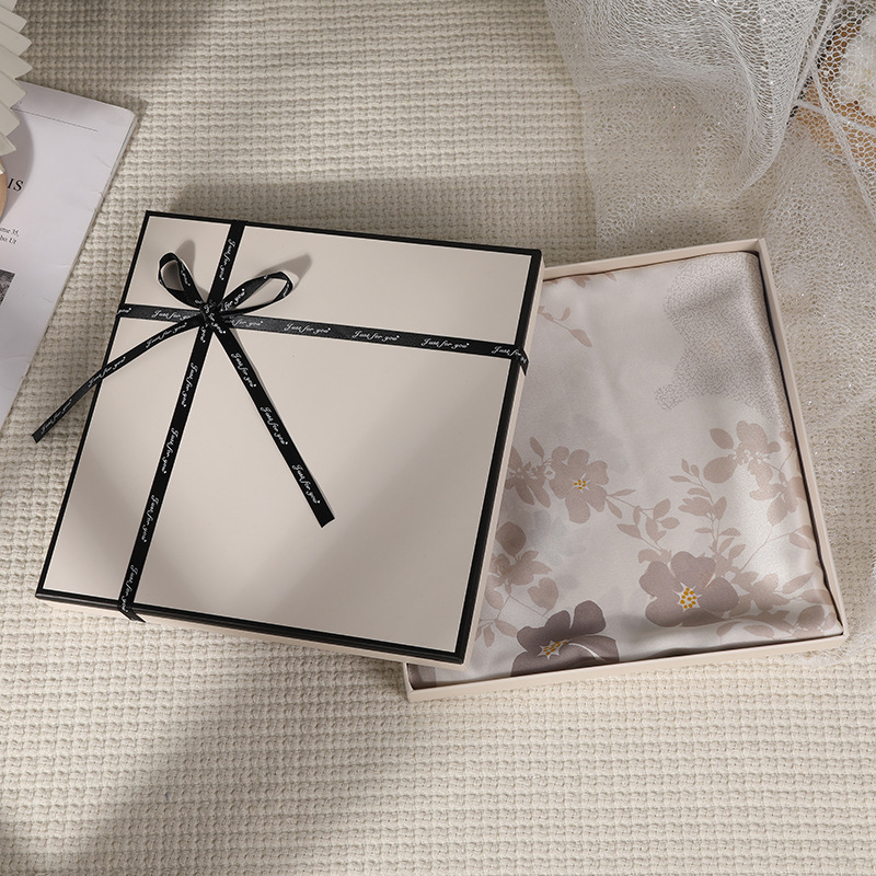 Simple Beige Square Cover Silk Scarf Packaging Box Bow Gift Box Advanced Sense Shirt Gift Box Empty Box