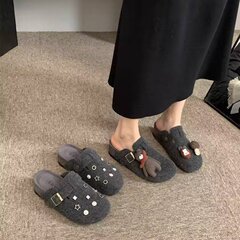 可爱装饰轻奢女鞋平底毛毛拖鞋女2025秋新款勃肯鞋穿头半拖脚蹬