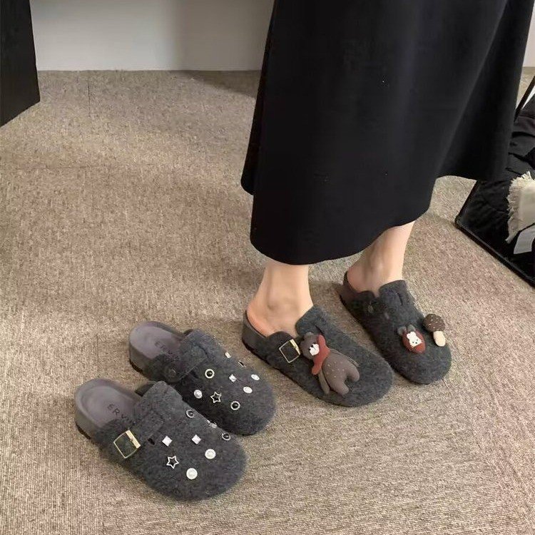 可爱装饰轻奢女鞋平底毛毛拖鞋女2025秋新款勃肯鞋穿头半拖脚蹬|undefined