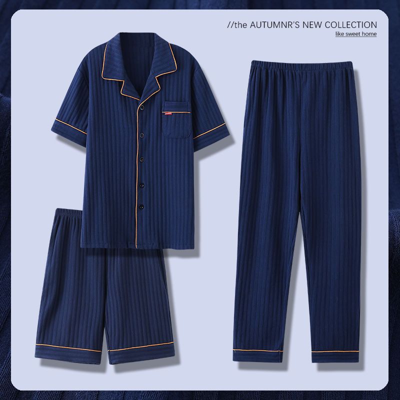 Pijama de algodón 100% para padres de mediana edad y ancianos cardigan de manga corta para hombres de verano traje de verano de tres piezas de primavera
